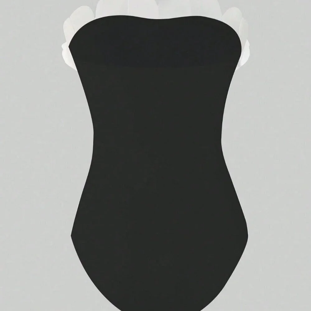 Black Elegant Women's Ruffle floral Trim one piece swimsuit